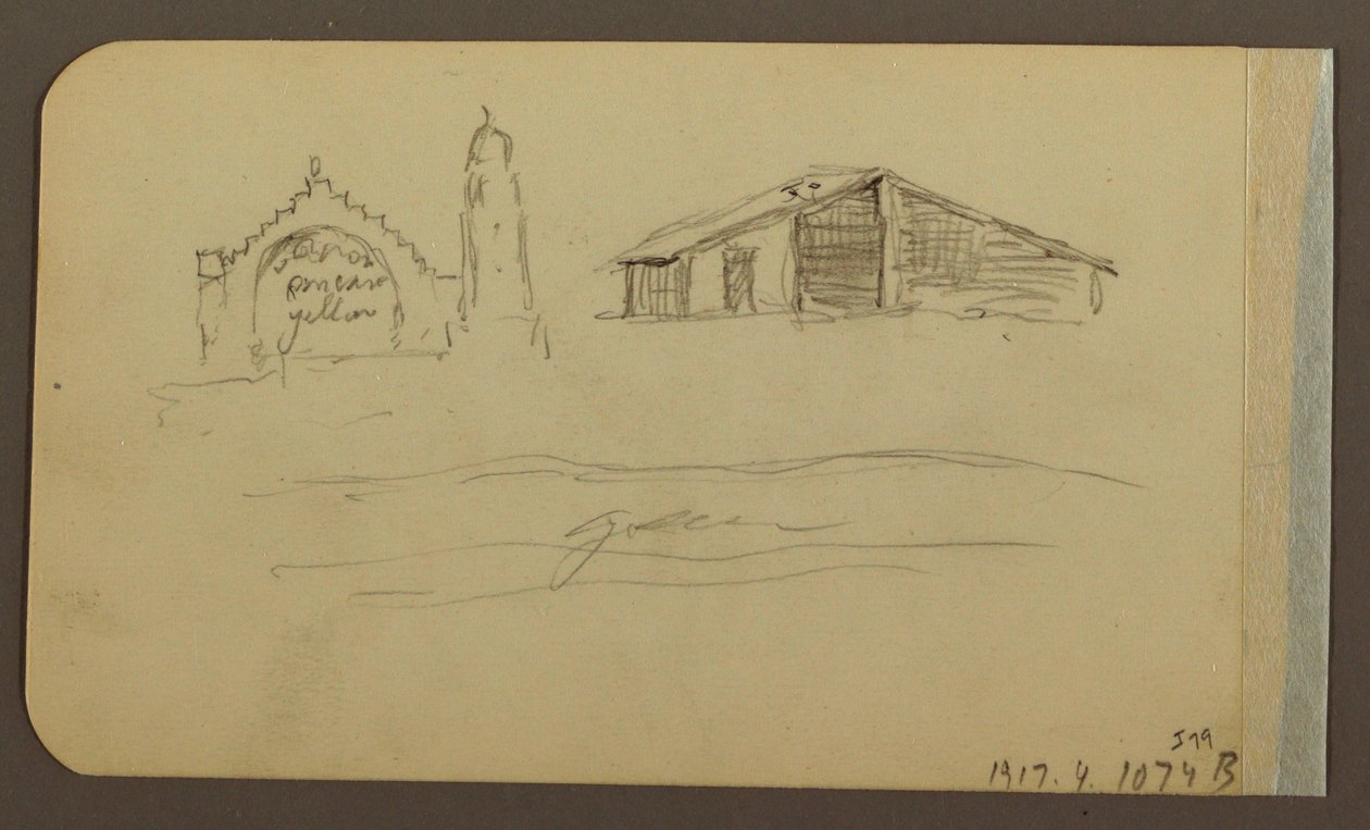 Teckning, Trädgård, Hus, Cuautla; Verso: Kyrka, Ladugård, Cuautla, februari 1885 av Frederic Edwin Church