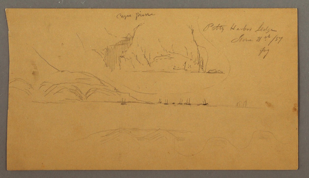 Teckning, Hamn, Segelbåtar, Berg, 21 juni 1859 av Frederic Edwin Church