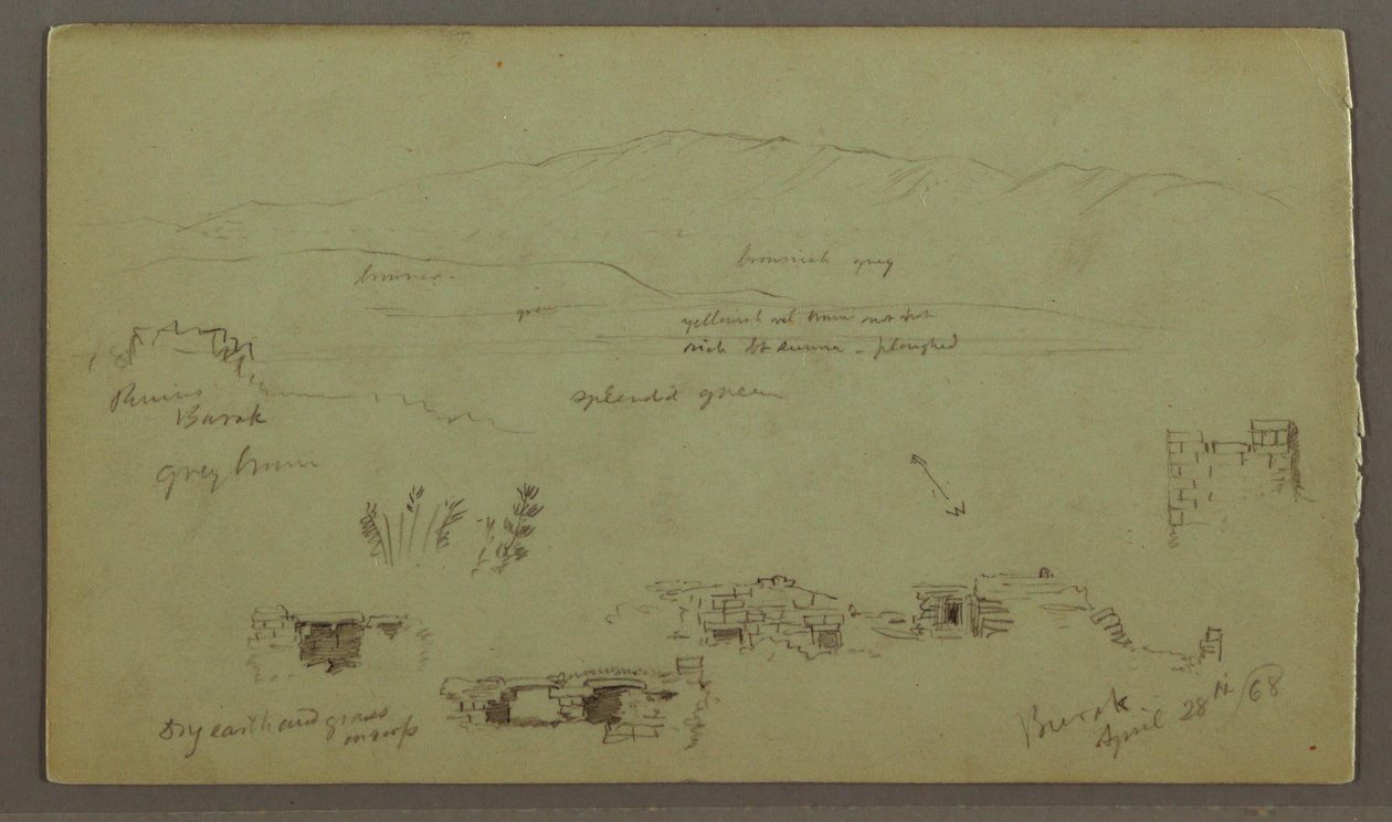 Ritning, bergskedja över slätt, ruiner, 28 april 1868 av Frederic Edwin Church