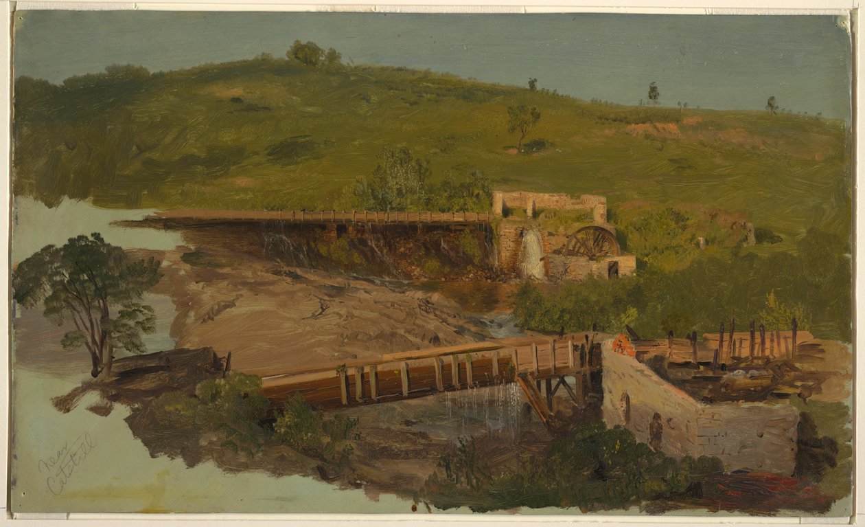 Teckning, kulle med viadukter och kvarnruiner, nära Catskill, New York, ca 1865 av Frederic Edwin Church
