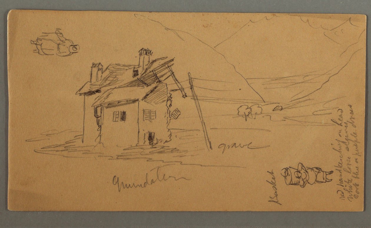 Teckning, Hlaf-Ruined House in Valley, två figurer, 1868 av Frederic Edwin Church