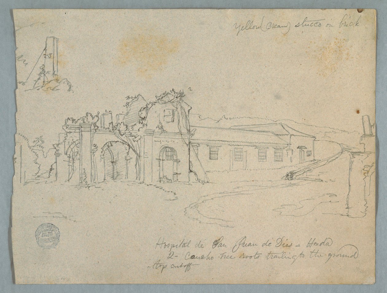 Ritning, Hospital de San Juan de Dios, Honda, Colombia, 1853 av Frederic Edwin Church