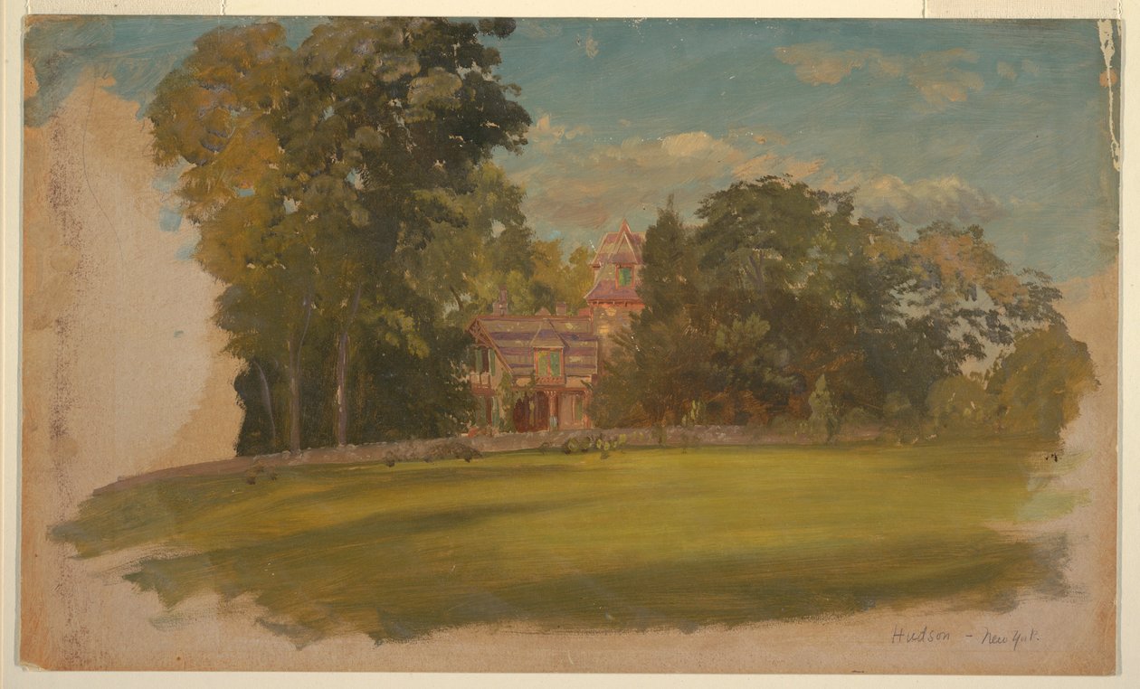 Ritning, hus i Hudson, New York, ca 1885 av Frederic Edwin Church