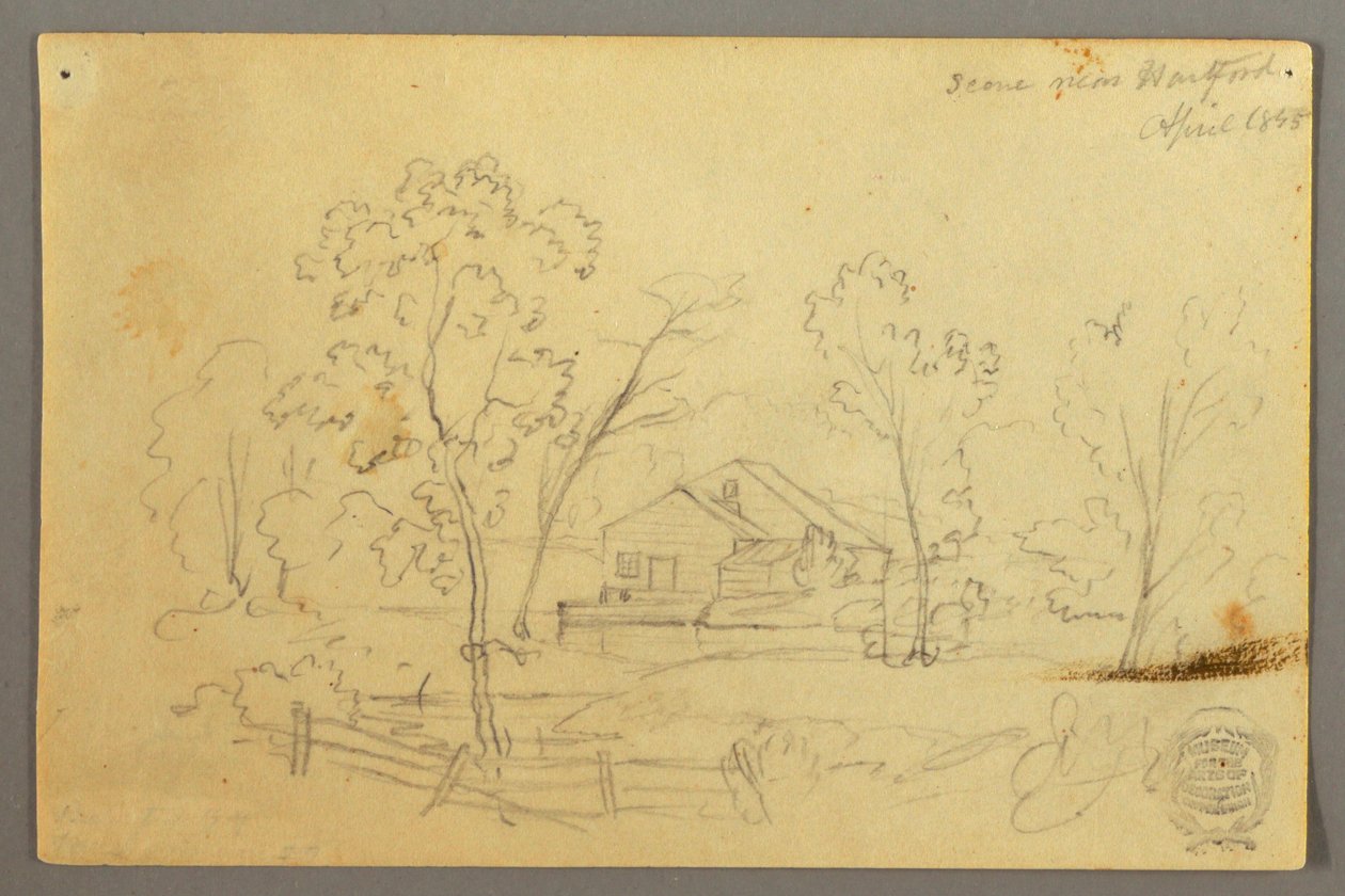Teckning, Hus i skogen vid en bäck, april 1845 av Frederic Edwin Church