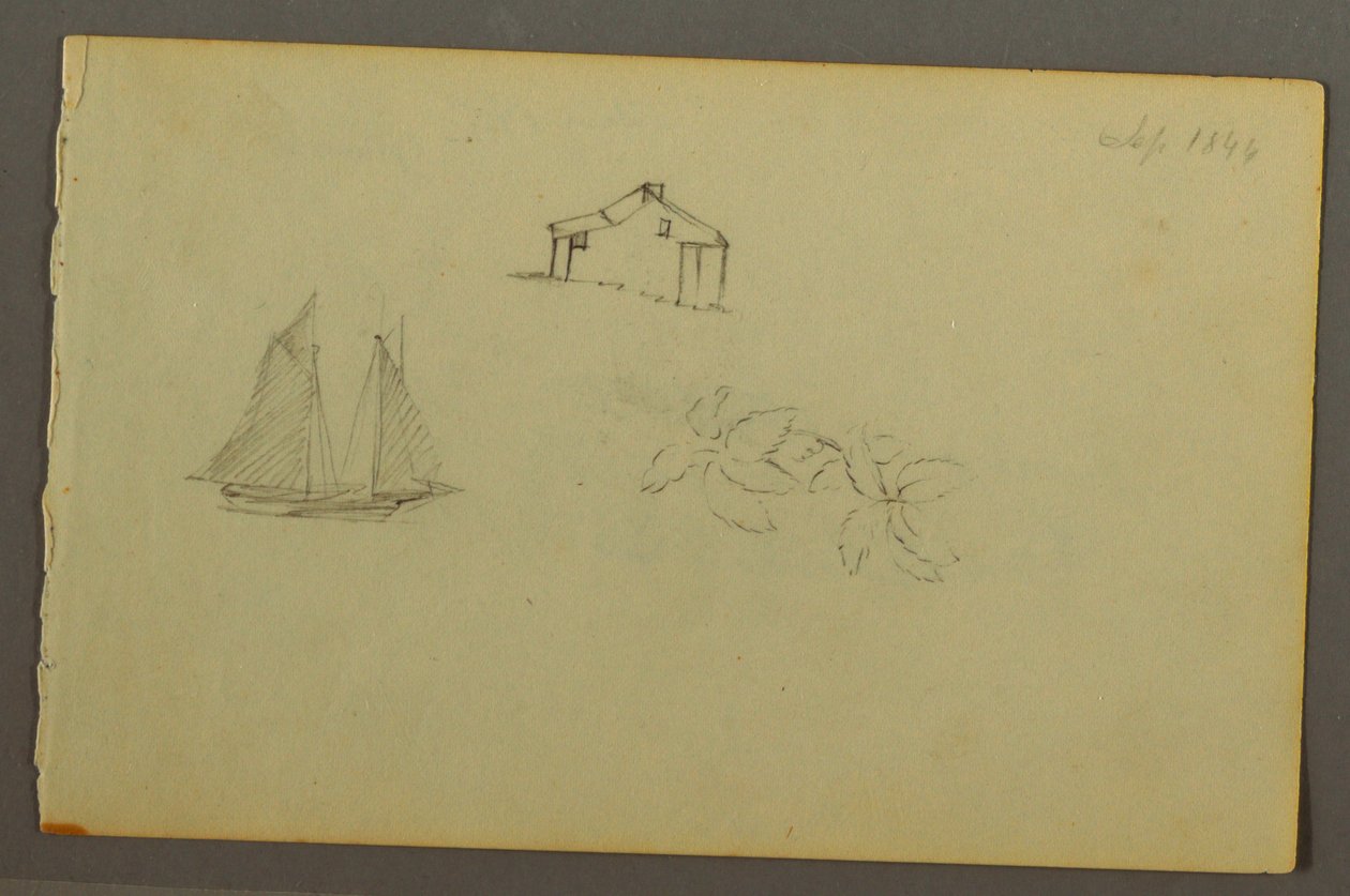 Ritning, Hus, segelbåt, växt, september 1844 av Frederic Edwin Church