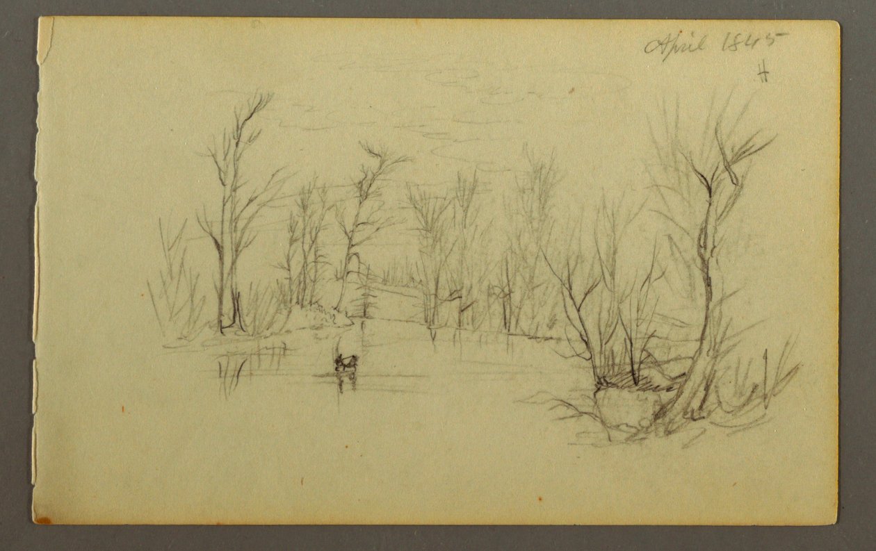 Teckning, Htakie () Pond, två personer i kanot, 1845 av Frederic Edwin Church