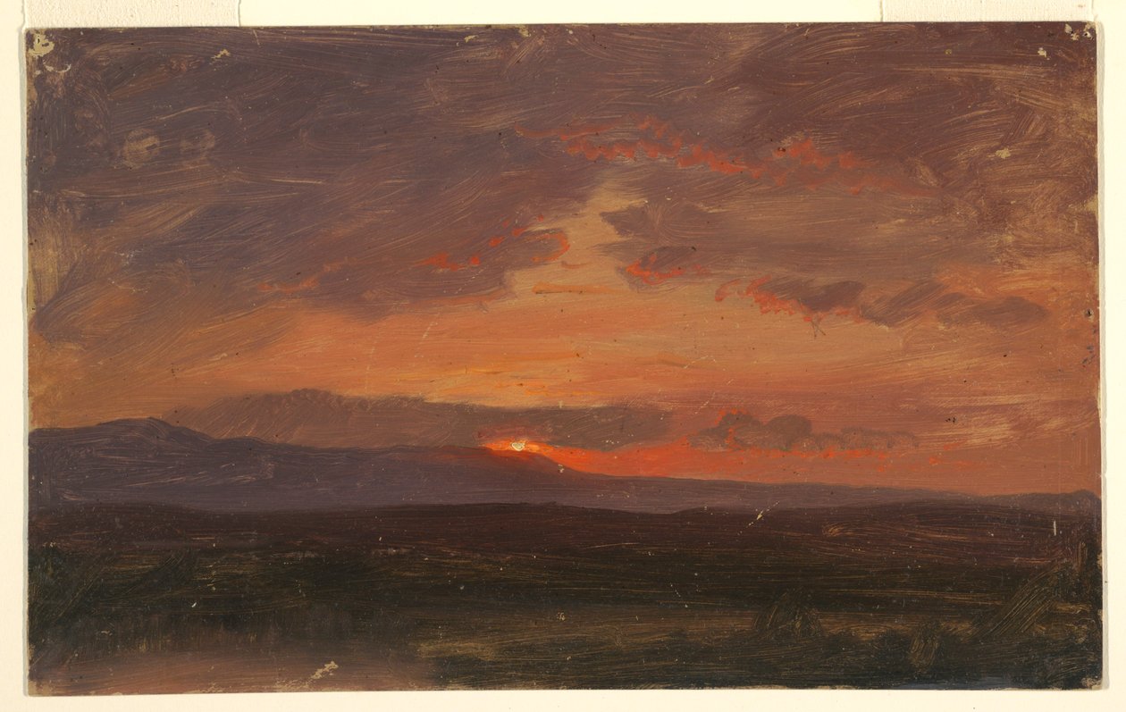 Teckning, Hudson Valley, New York med solnedgång bakom Catskill Mountains, 1855-65 av Frederic Edwin Church