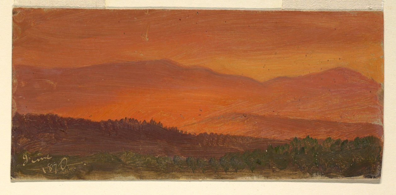 Teckning, Hudson Valley och avlägsna berg vid solnedgången, juni 1870 av Frederic Edwin Church