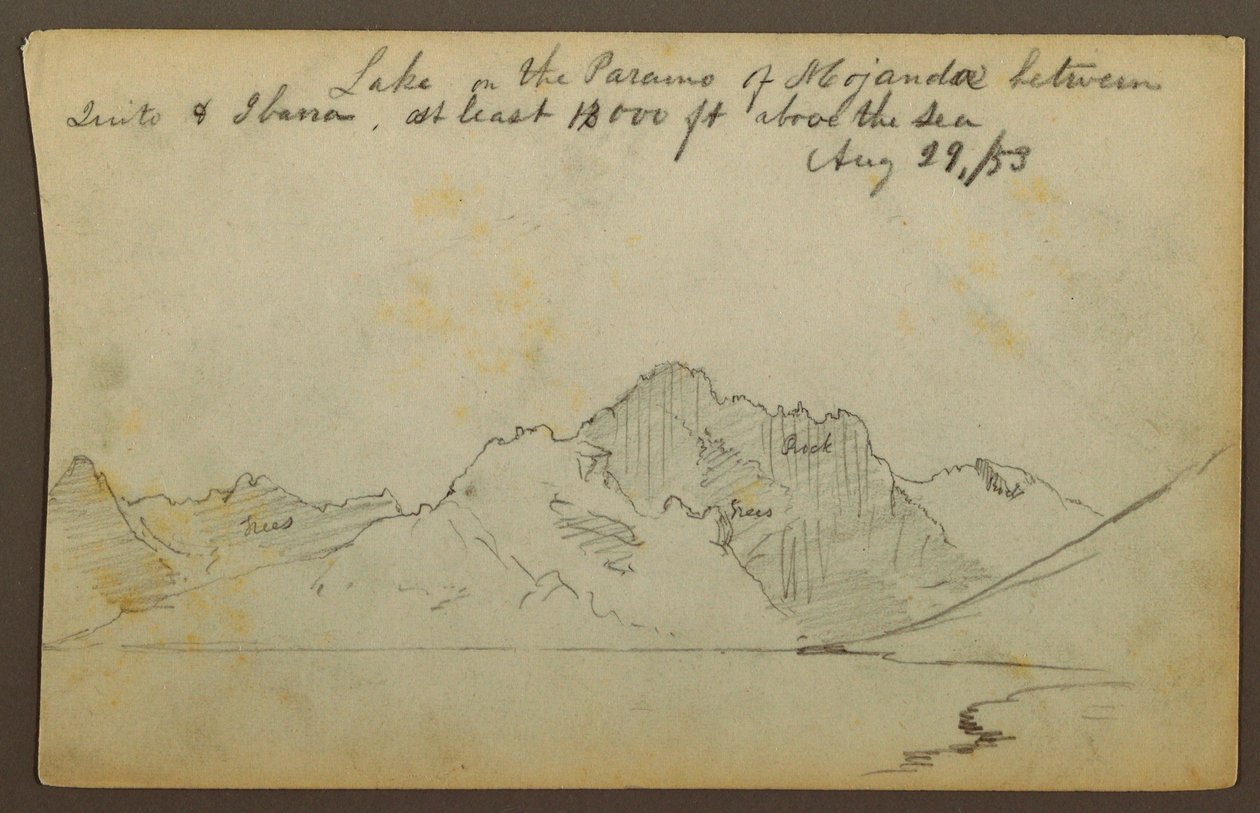 Teckning, sjö, Mojandaöknen, Ecuador, 29 augusti 1853 av Frederic Edwin Church
