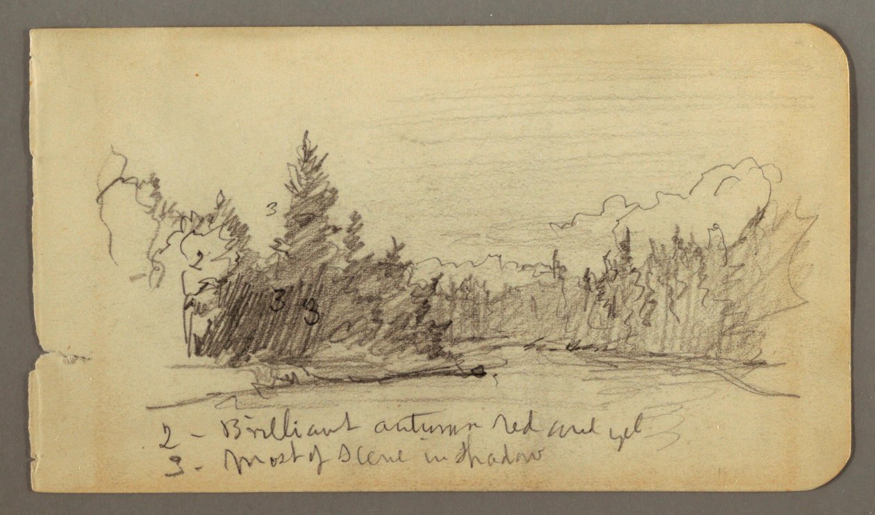 Teckning, Sjö omgiven av träd, möjligen 1878 av Frederic Edwin Church