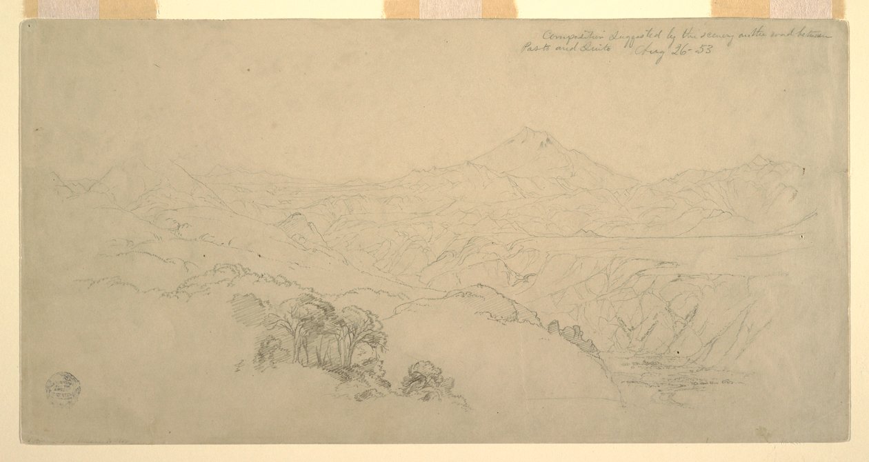 Teckning, Landskapskomposition: Föreslagen av scenerier på vägen mellan Paso, Colombia och Quito, Ecuador, 26 augusti 1853 av Frederic Edwin Church