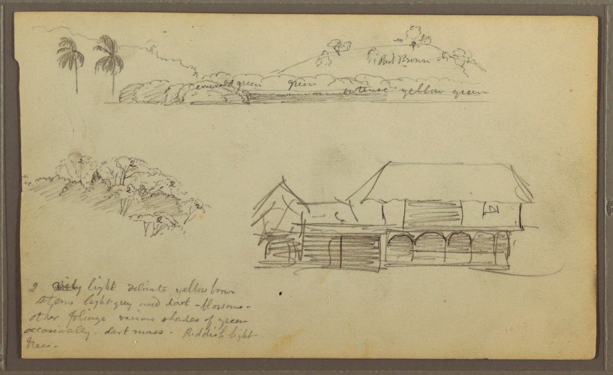 Teckning, Landskap, Trädkronor, hus, 1857 av Frederic Edwin Church