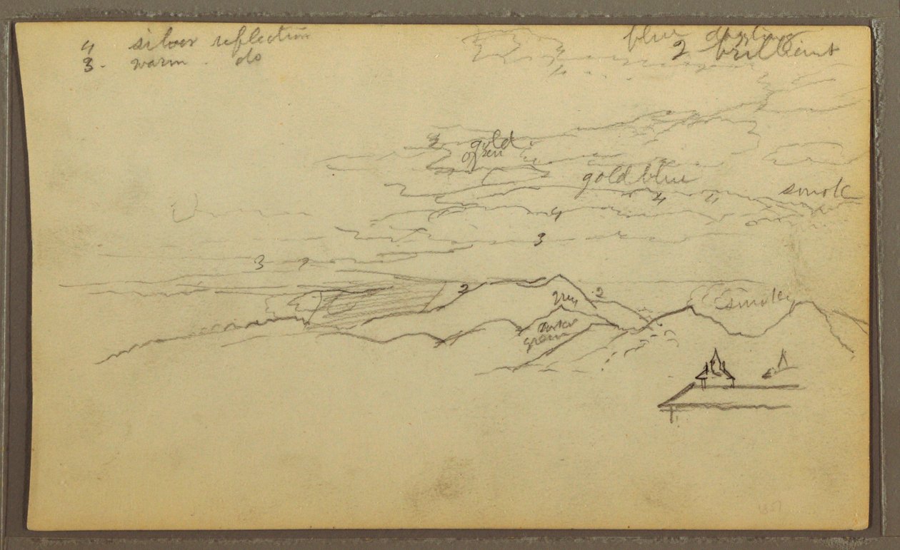 Teckning, Landskap; Verso: Båt, Botaniska skisser, 1857 av Frederic Edwin Church