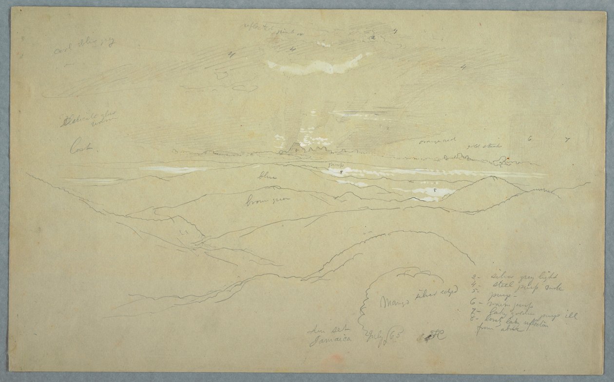 Teckning, Landskap vid solnedgång, Jamaica, juli 1865 av Frederic Edwin Church