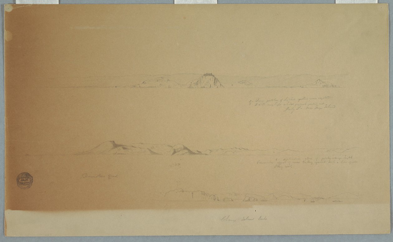 Teckning, Landskap nära Fogo Island, Brimstone, Head, Change Island Rocks, 2 juli 1869 av Frederic Edwin Church