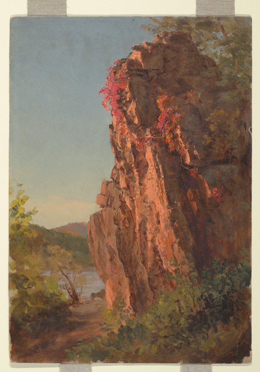 Teckning, Landskap med stor klippa, möjligen North Carolina, 1865-70 av Frederic Edwin Church