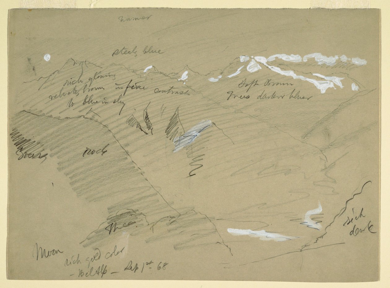 Teckning, Landskap i Berner Alperna, nära Bel Alp, Schweiz, september 1868 av Frederic Edwin Church