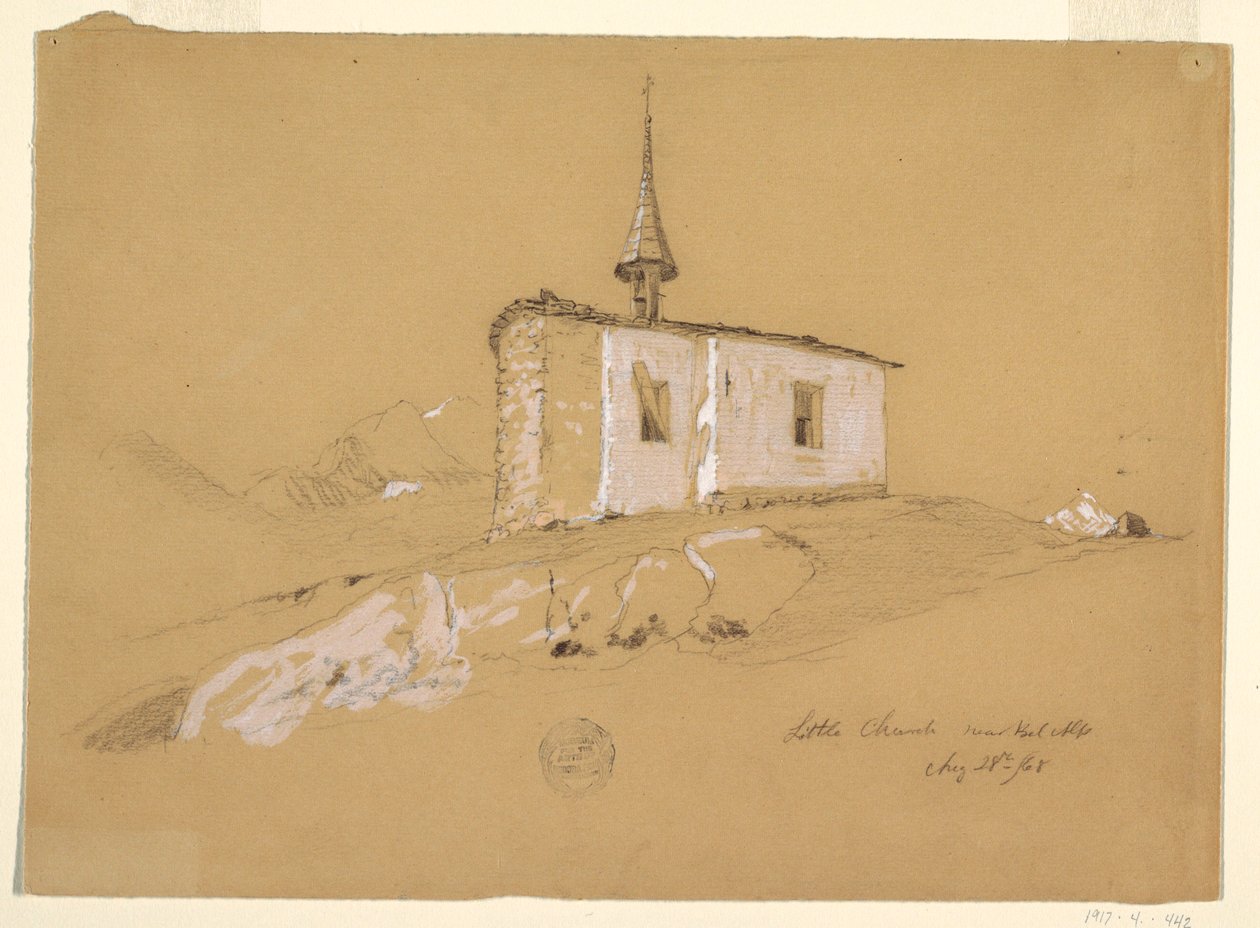 Teckning, "Lilla kyrkan nära Bel Arp", Berner Alperna, Schweiz, 28 augusti 1868 av Frederic Edwin Church