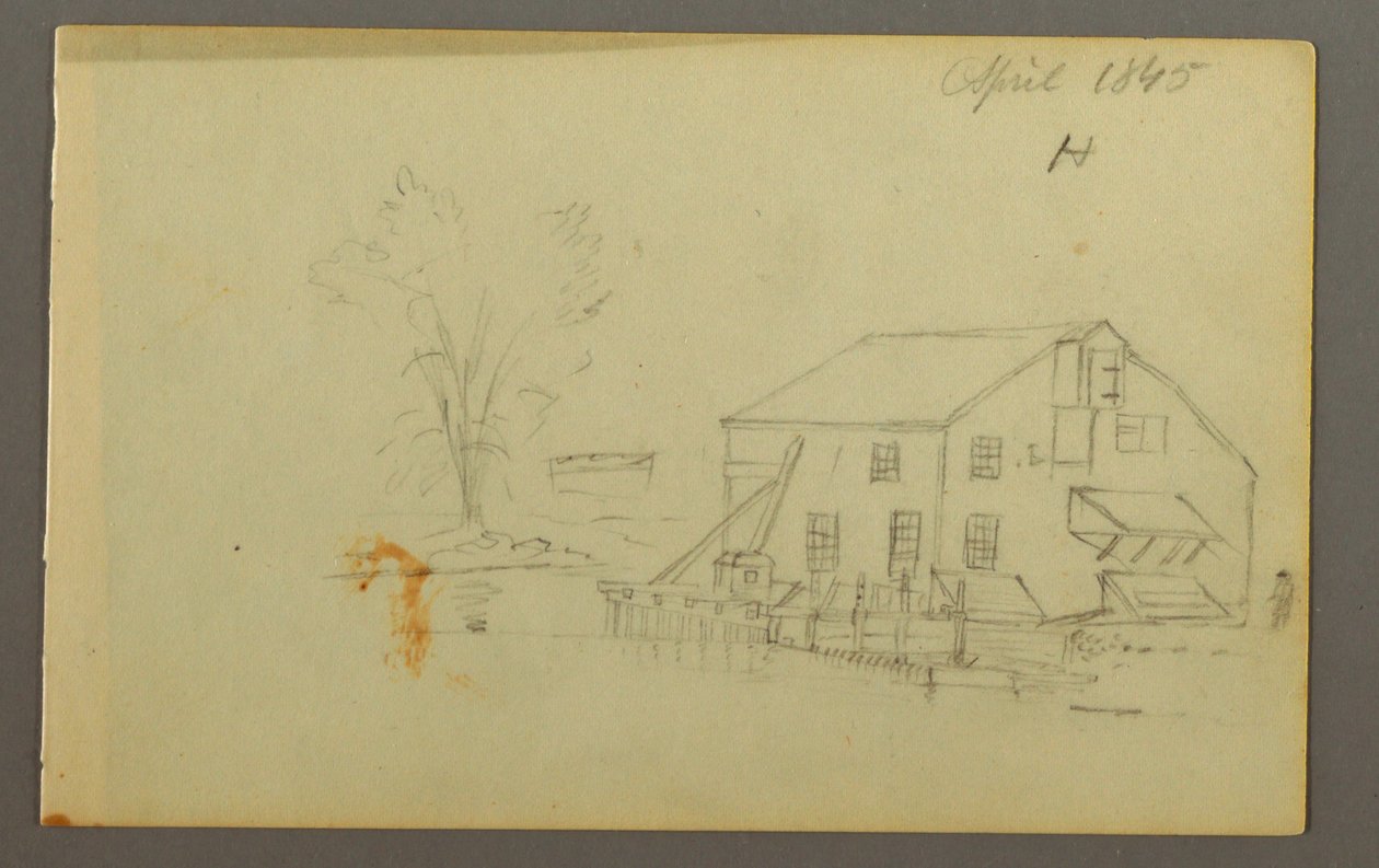 Ritning, Loftbyggnad med kaj vid vattendrag, 1845 av Frederic Edwin Church