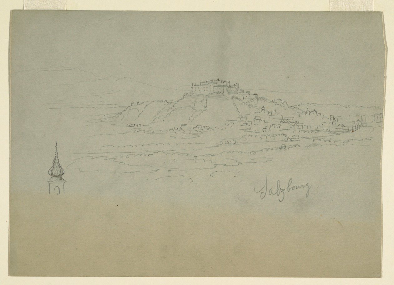 Teckning, Motiv från stad i bergslandskap, 1868 av Frederic Edwin Church