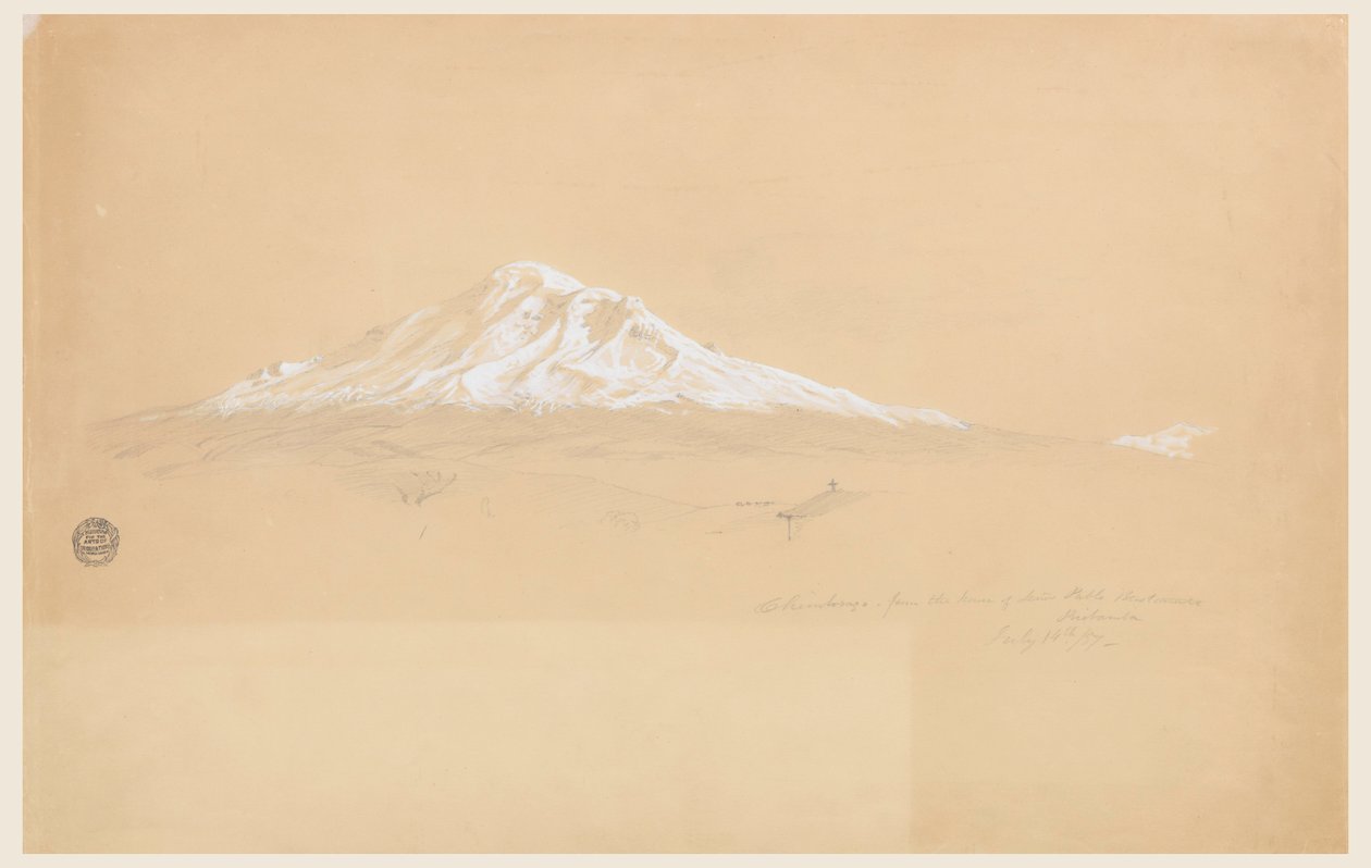 Ritning, berget Chimborazo från Senior Pablo Bustamantes hus, Riobamba, Ecuador, 14 juli 1857 av Frederic Edwin Church