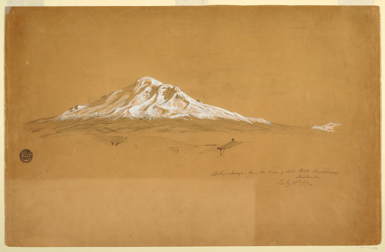 Ritning, berget Chimborazo från Senior Pablo Bustamantes hus, Riobamba, Ecuador, 14 juli 1857 av Frederic Edwin Church