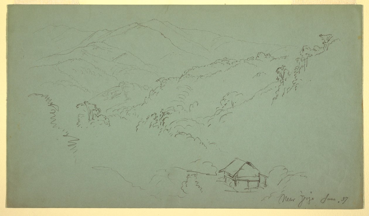 Teckning, Bergslandskap, Hus, "nära Jorje", Ecuador, juni 1857 av Frederic Edwin Church