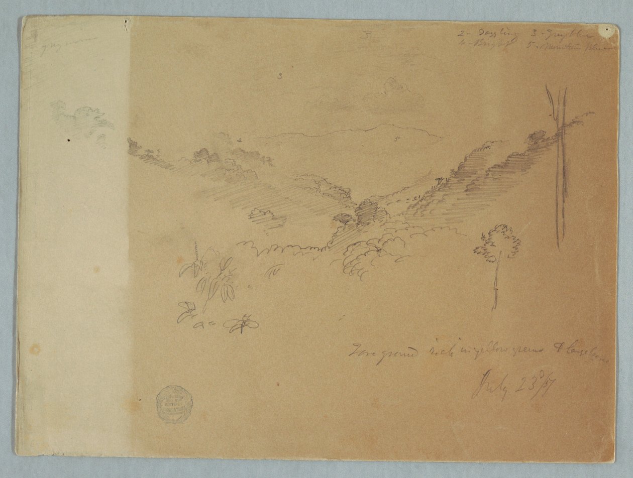 Teckning, Bergslandskap nära Jorje, Ecuador, 23 juli 1857 av Frederic Edwin Church