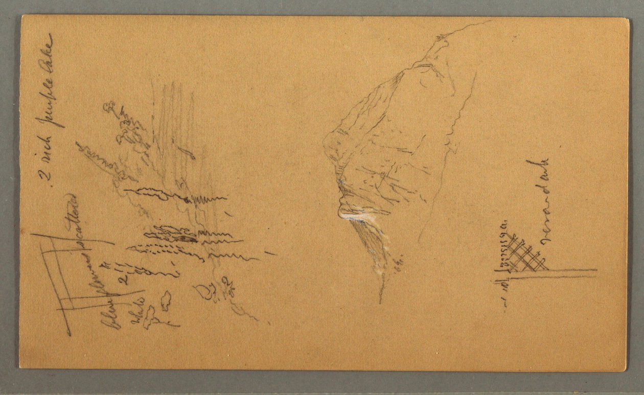 Teckning, bergstopp, vegetation vid pool, 1868 av Frederic Edwin Church