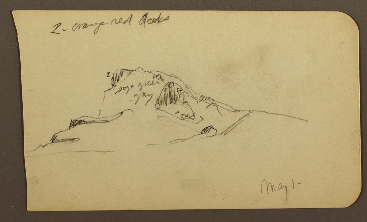 Teckning, bergstopp; Verso: Rugged Range, 1 maj 1885 av Frederic Edwin Church