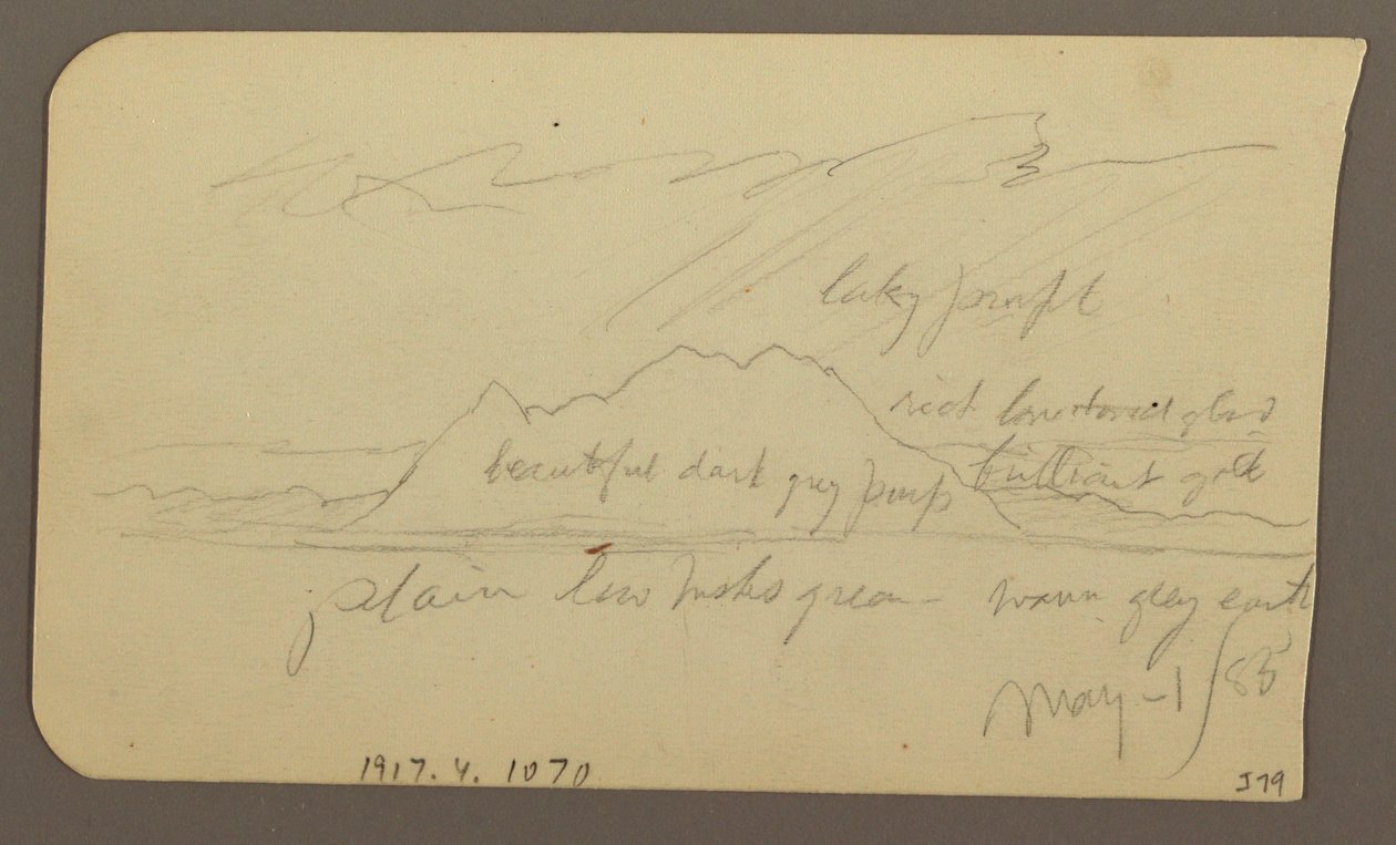 Teckning, bergstopp; Verso: Rugged Range, 1 maj 1885 av Frederic Edwin Church