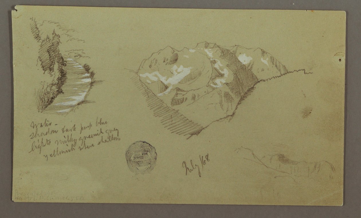 Teckning, bergstoppar, flod, juli 1868 av Frederic Edwin Church