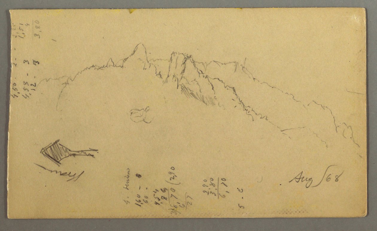 Teckning, bergstoppar, vägkantshelgedom, augusti 1868 av Frederic Edwin Church