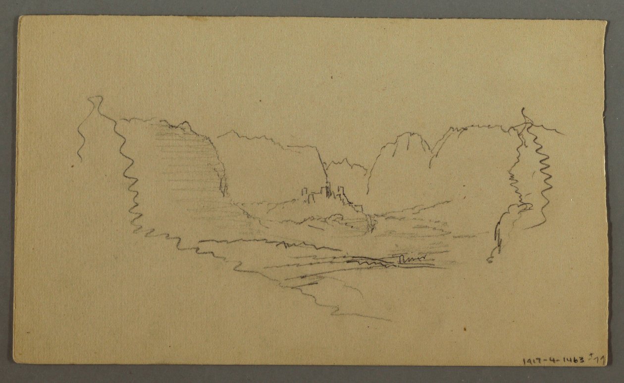 Teckning, bergstoppar, vägkantshelgedom, augusti 1868 av Frederic Edwin Church