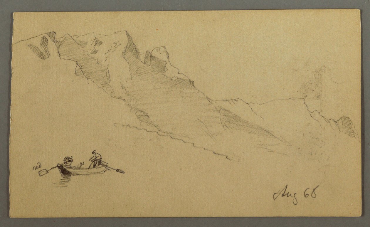 Teckning, Bergstoppar, Två figurer i en roddbåt, augusti 1868 av Frederic Edwin Church