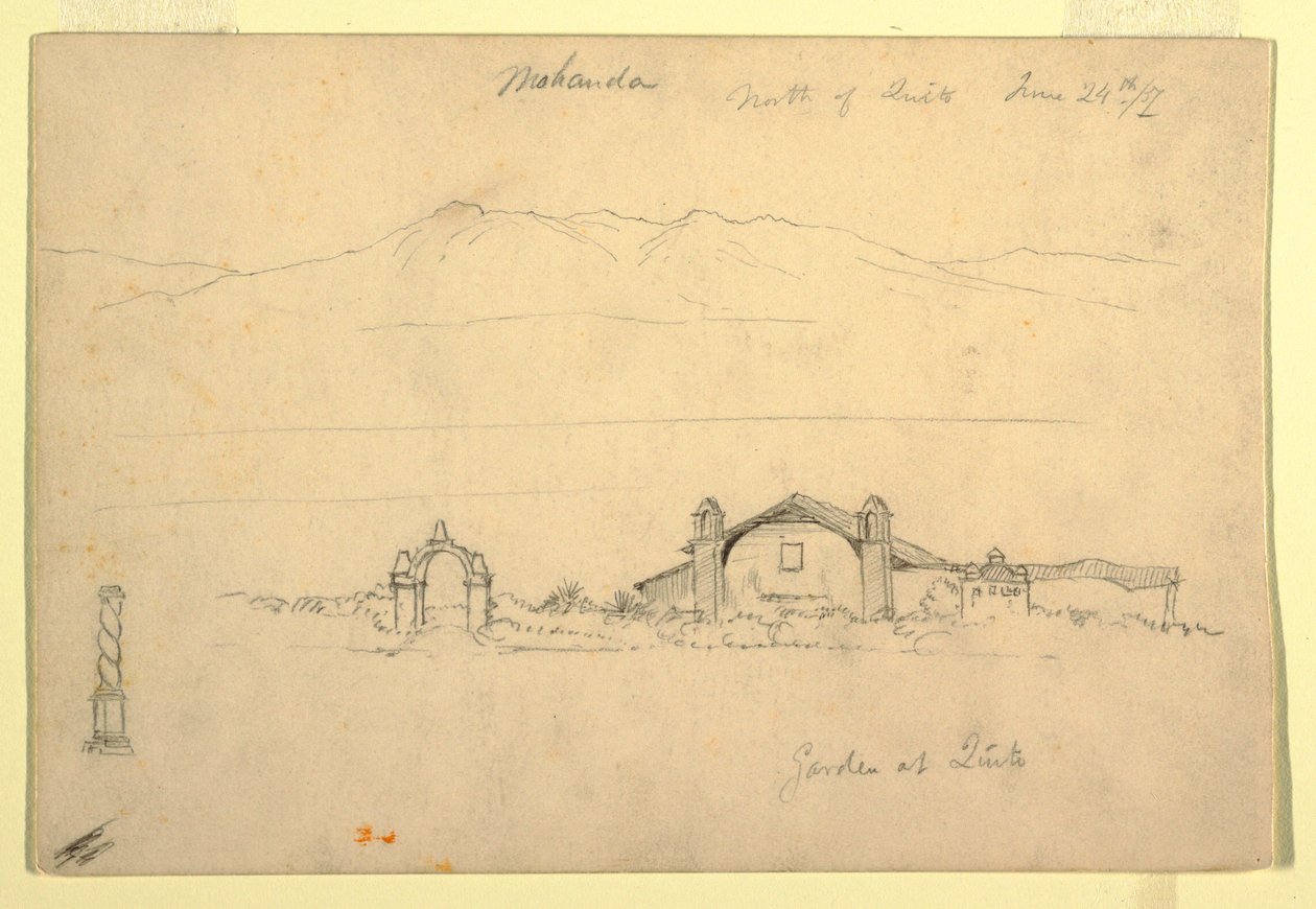 Teckning, Bergskedja med Mohanda, norr om Quito (), 24 juni 1857 av Frederic Edwin Church