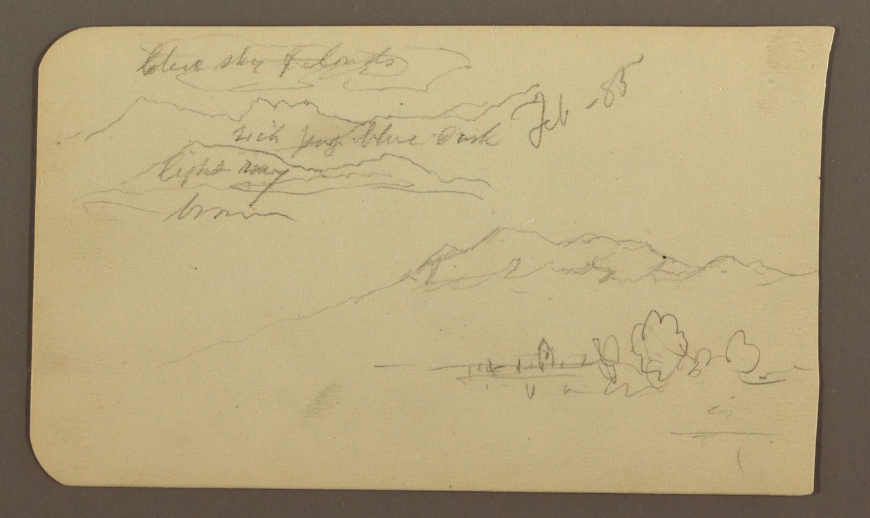 Teckning, Bergskedjor, Cuautla, Kyrka; Averso: Hukande häst, Landskapsnoteringar, februari 1885 av Frederic Edwin Church