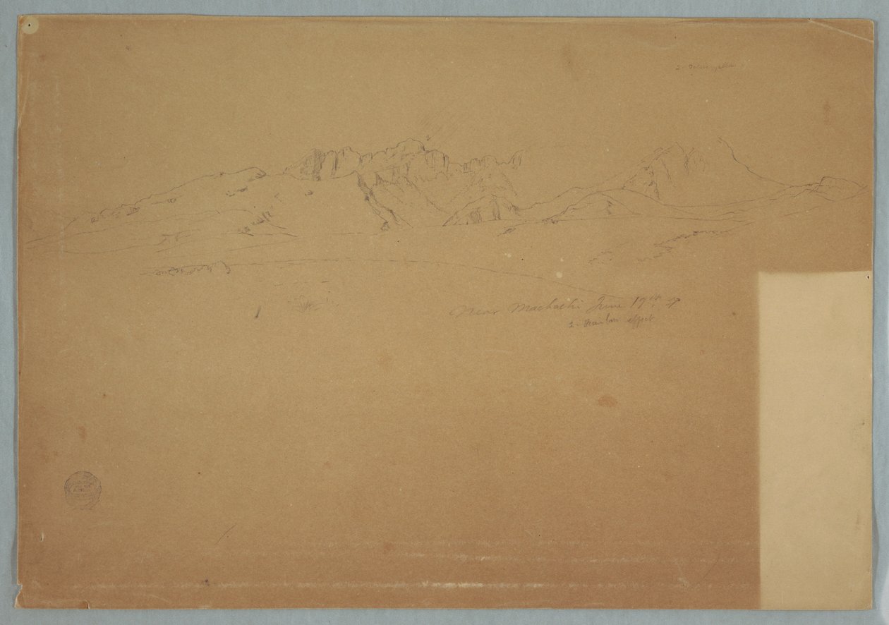 Teckning, Bergskedjor med karga toppar, nära Machachi, Ecuador, 19 juni 1857 av Frederic Edwin Church