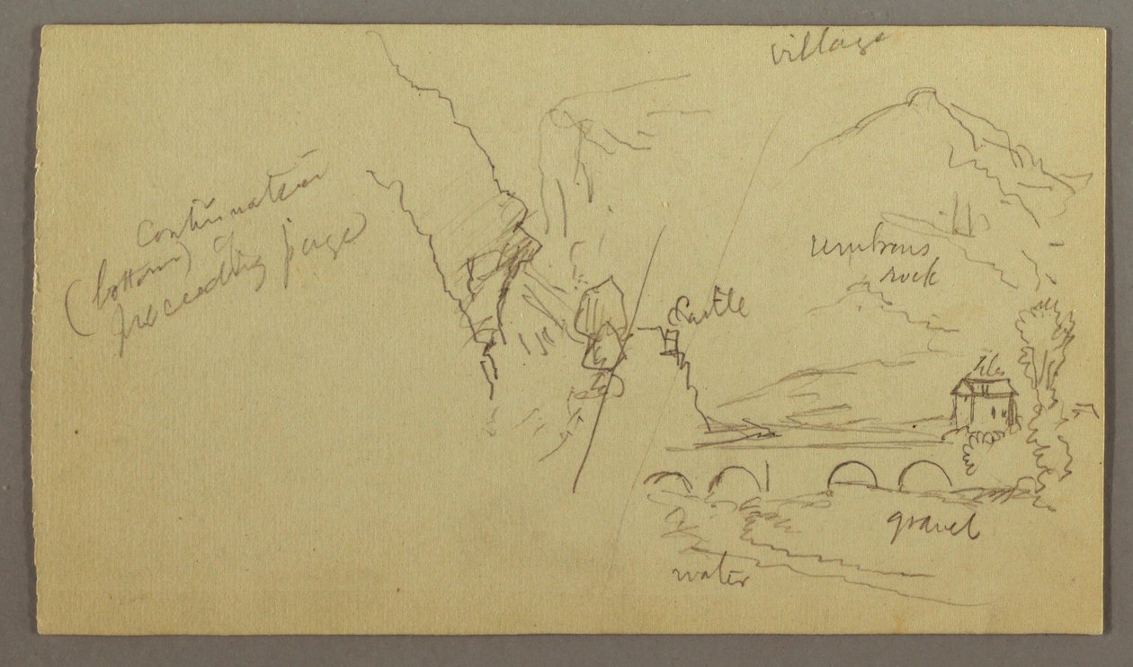 Teckning, Bergsdal, Bro, Byggnader, möjligen 1868-69 av Frederic Edwin Church