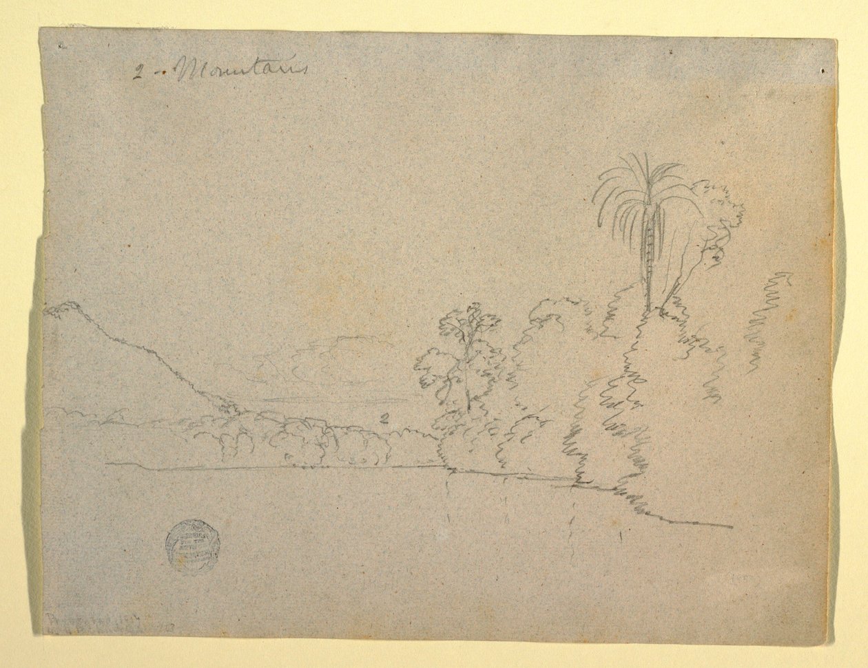 Teckning, bergig strand av en bukt, Sydamerika, 1853 av Frederic Edwin Church