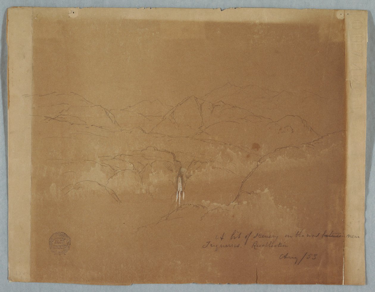 Teckning, Bergslandskap med vattenfall, nära Tuquerres, Colombia, augusti 1853 av Frederic Edwin Church