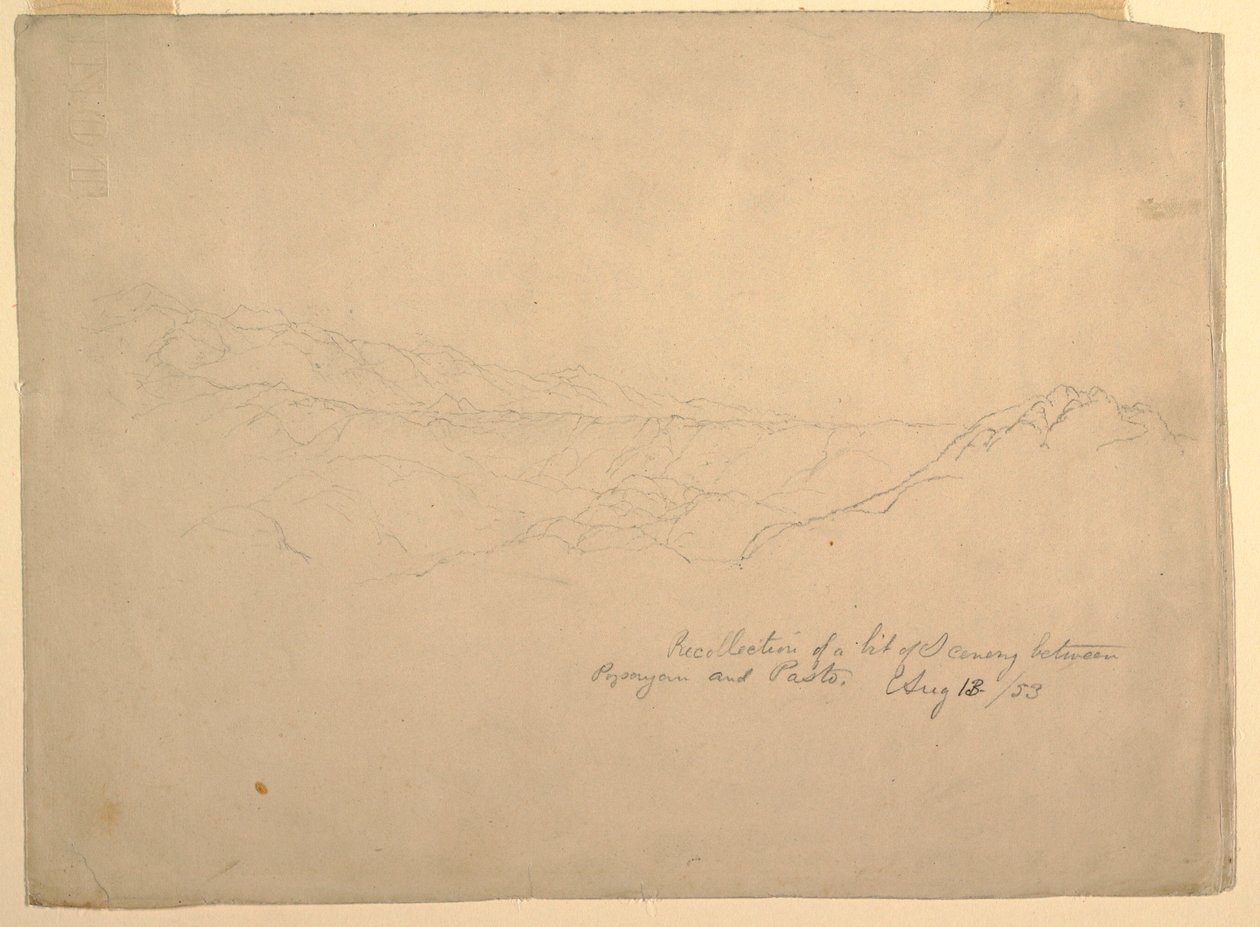 Teckning, Bergslandskap mellan Popayan och Pasto, Colombia, 13 augusti 1853 av Frederic Edwin Church