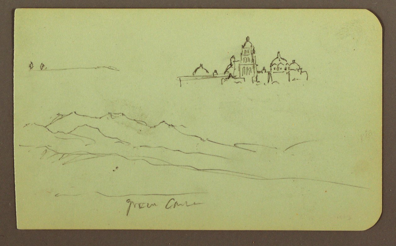 Teckning, Berg, Kyrka; Verso: Figurer, Kyrka, 1883 av Frederic Edwin Church