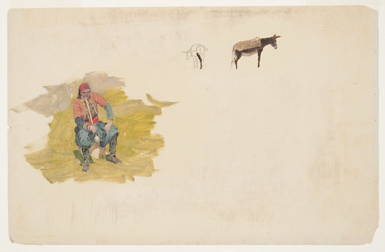 Teckning, Främre Orienten, man; åsna, 1868-69 av Frederic Edwin Church
