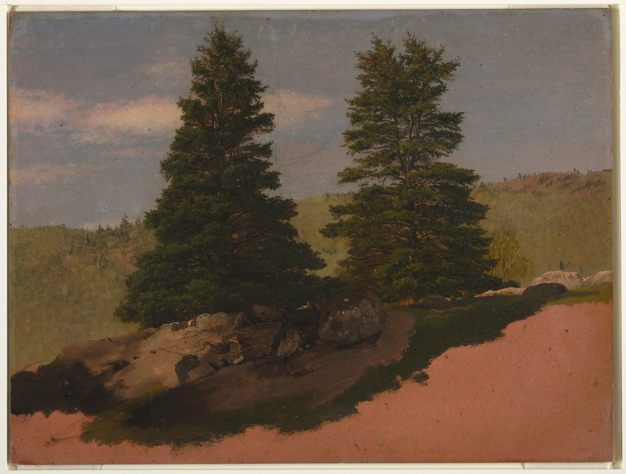 Teckning, New England-landskap (två pinjeträd), 1850 av Frederic Edwin Church