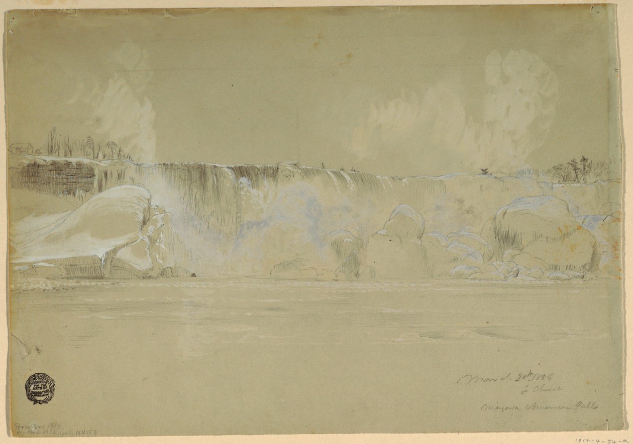 Teckning, Niagarafallen i snö, från nordväst, 20 mars 1856 av Frederic Edwin Church