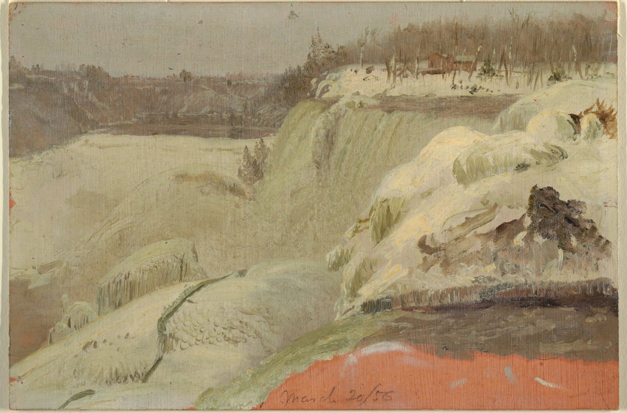 Teckning, Niagarafallen i snö, sedda från Goat Island, 1856 av Frederic Edwin Church