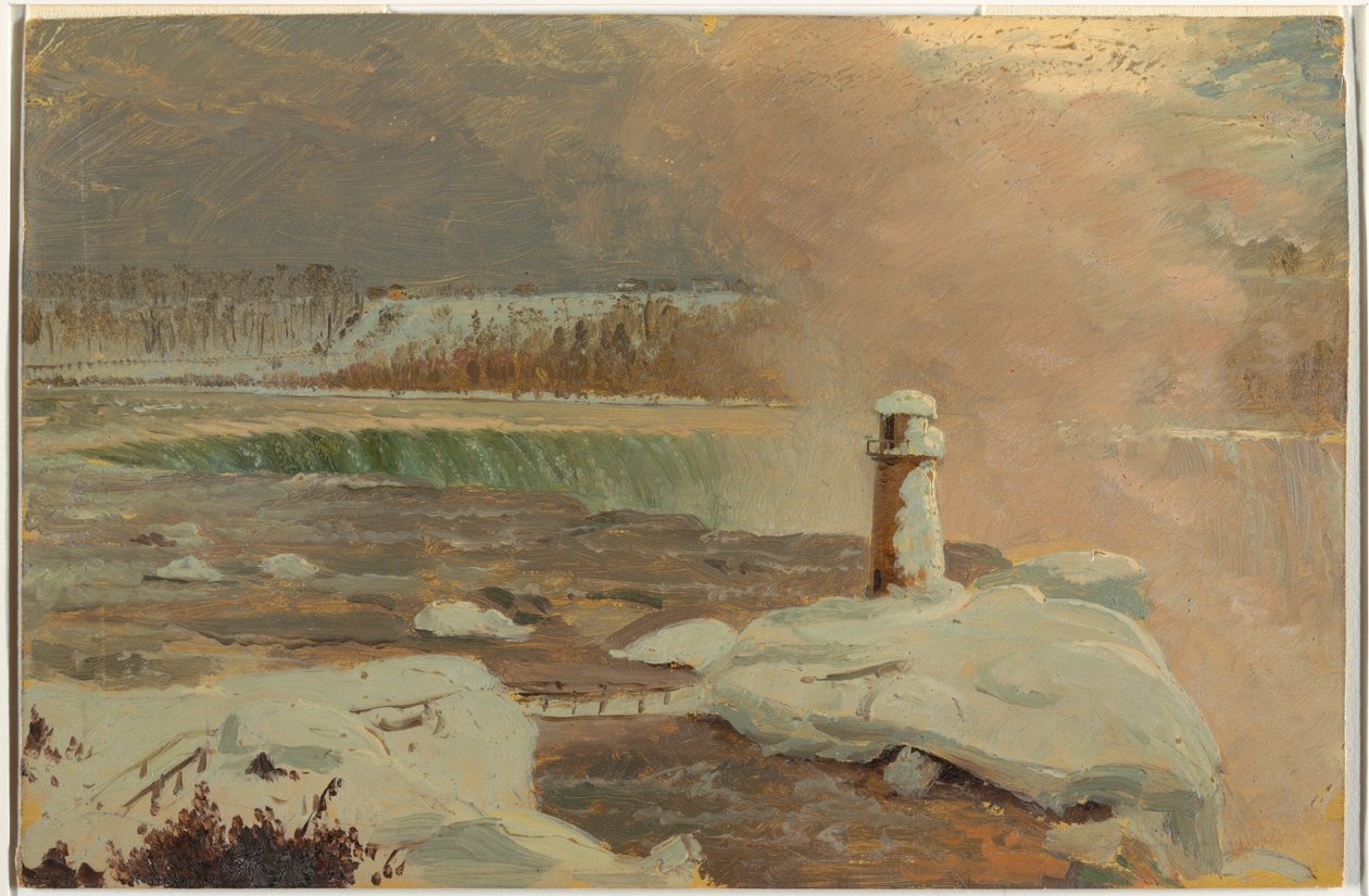 Teckning, Niagarafloden och fallen i snö, mars 1856 av Frederic Edwin Church