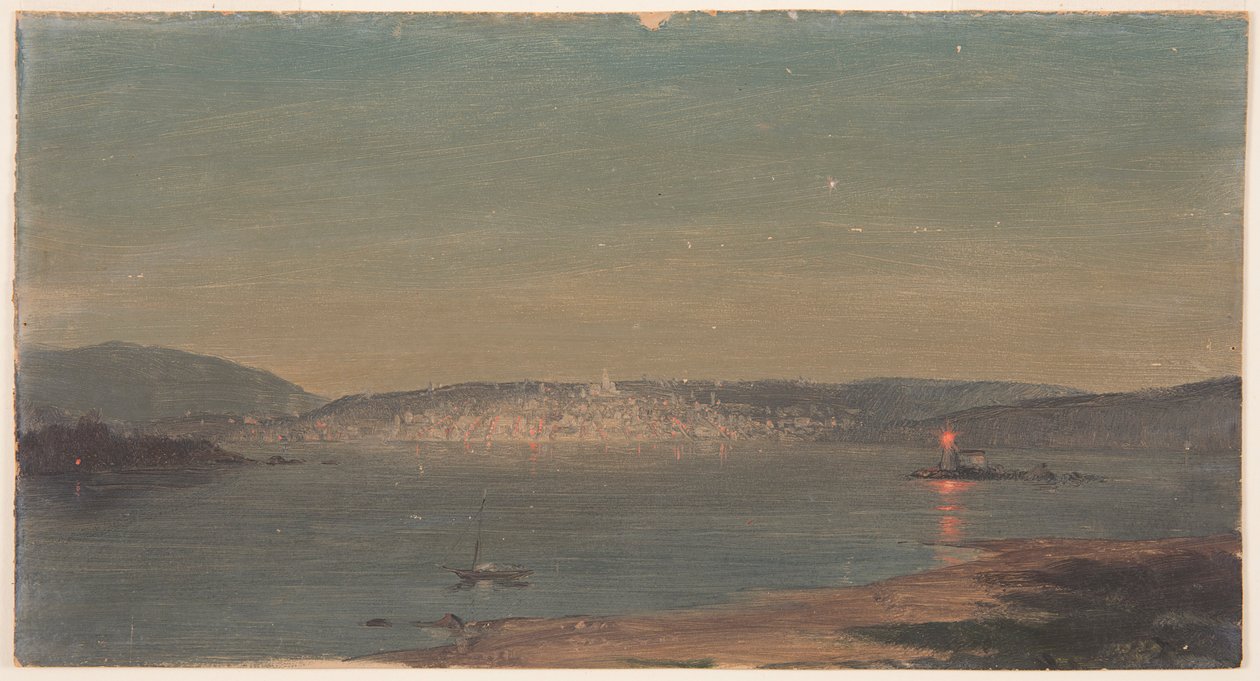 Teckning, Nattvy av en hamnstad, troligen 1868-69 av Frederic Edwin Church