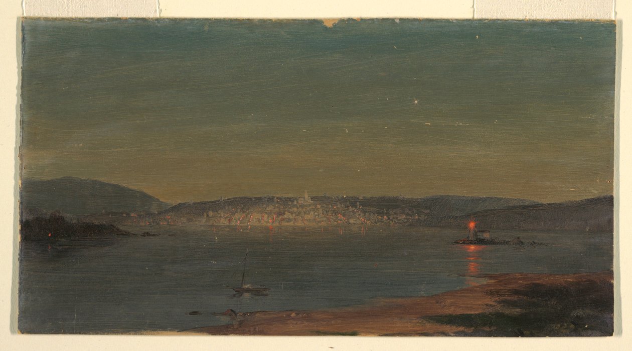 Teckning, Nattvy av en hamnstad, troligen 1868-69 av Frederic Edwin Church
